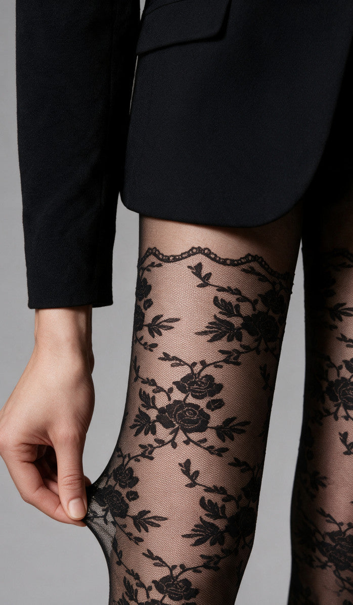Rose Vine Thigh-High Style Tights - Black