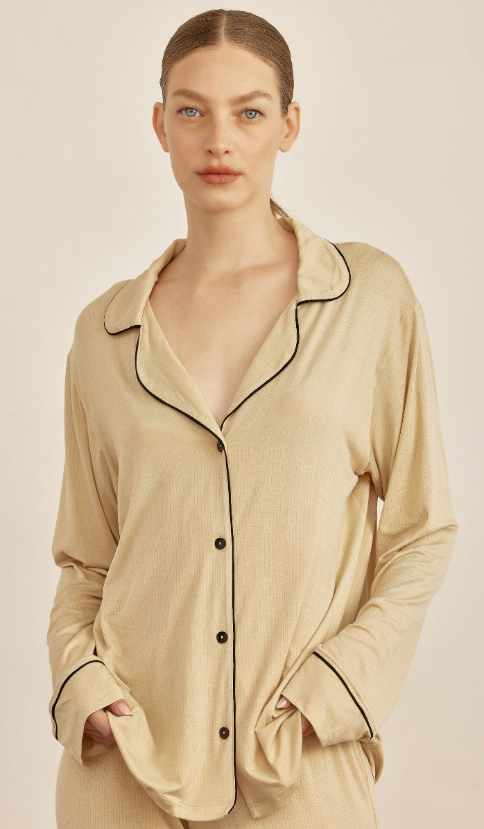 BUTTER SOFT RIB - Sand button up & lounge pants set
