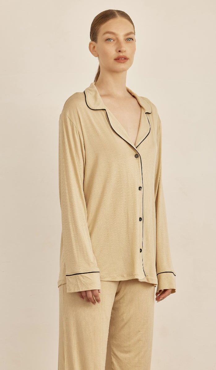 BUTTER SOFT RIB - Sand button up & lounge pants set