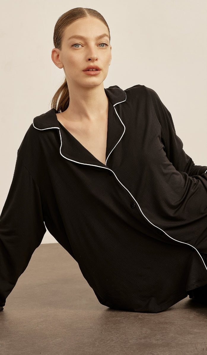 BUTTER SOFT RIB - Black button up & lounge pants set