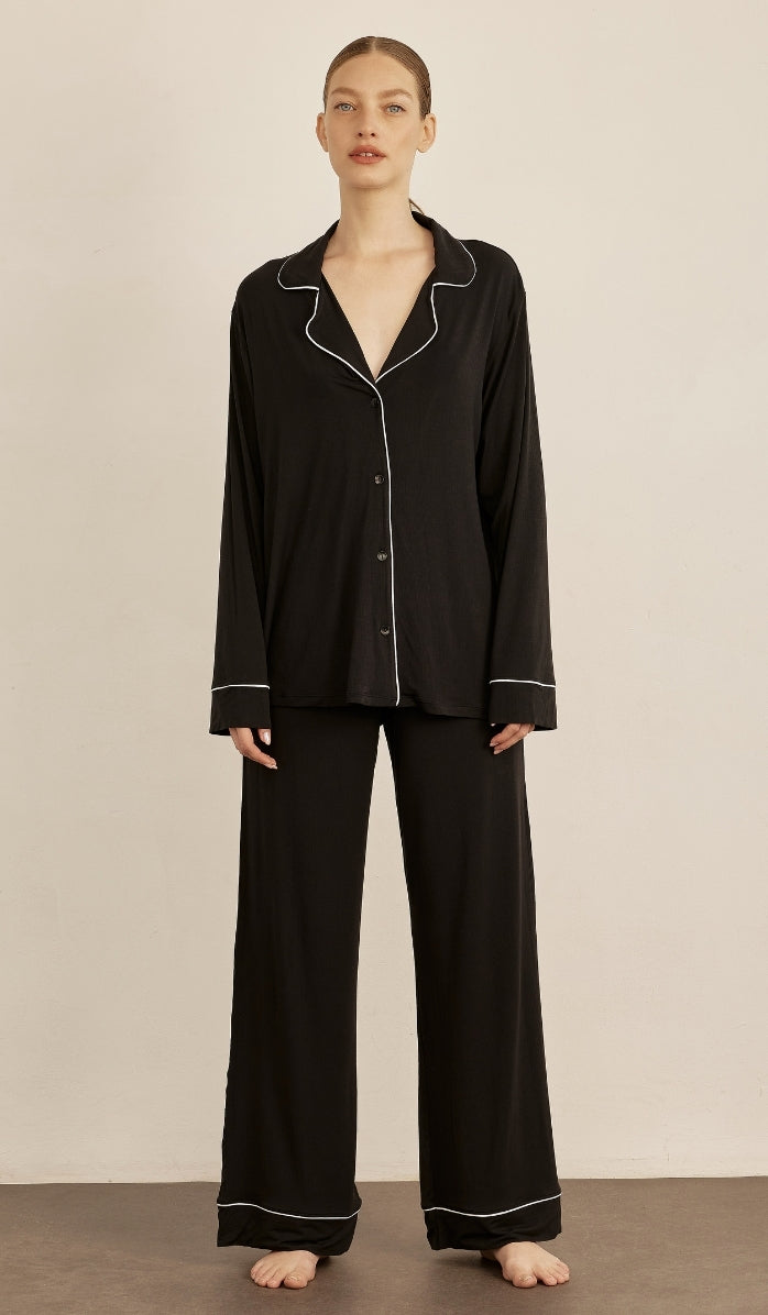 BUTTER SOFT RIB - Black button up & lounge pants set