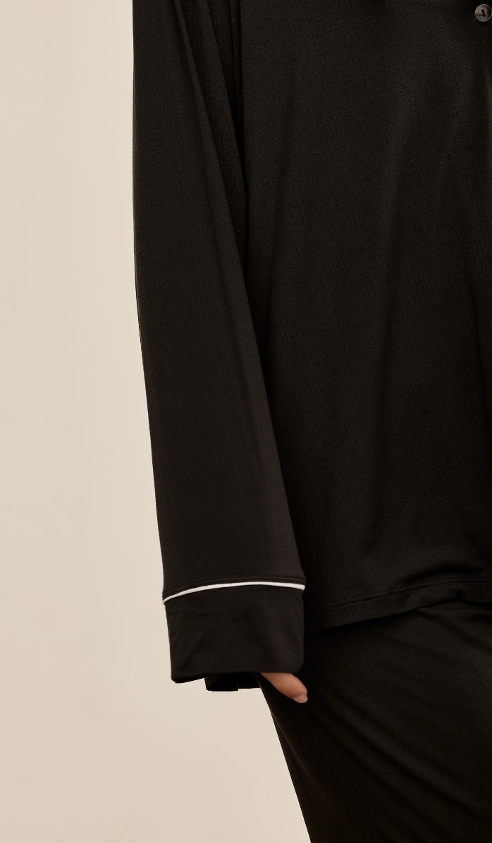 BUTTER SOFT RIB - Black button up & lounge pants set