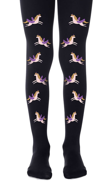 tights girls' black with print flying unicorn