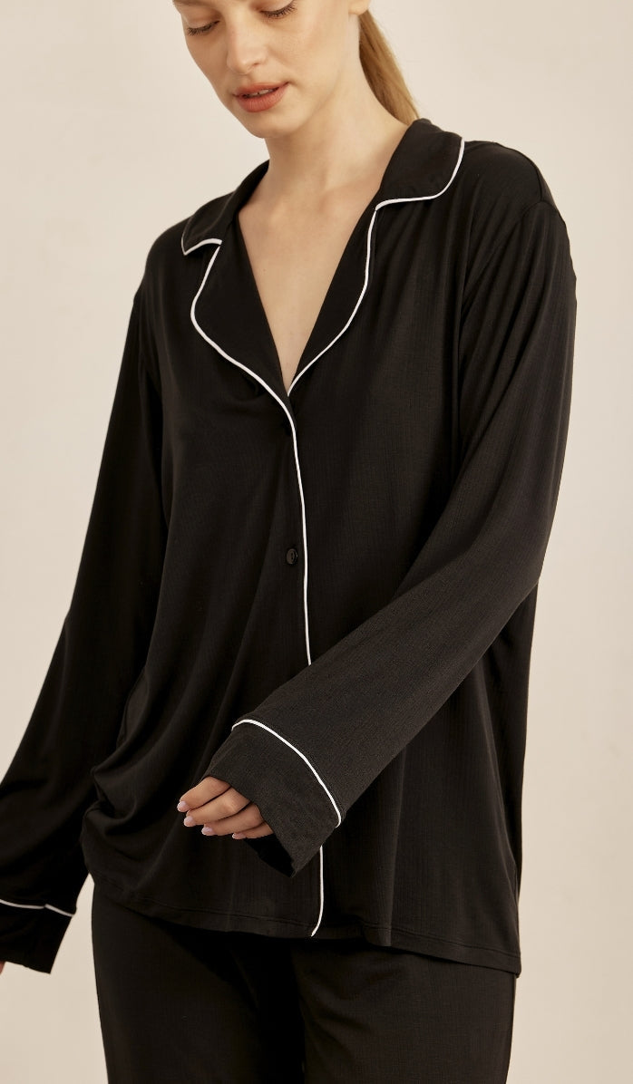BUTTER SOFT RIB - Black button up & lounge pants set