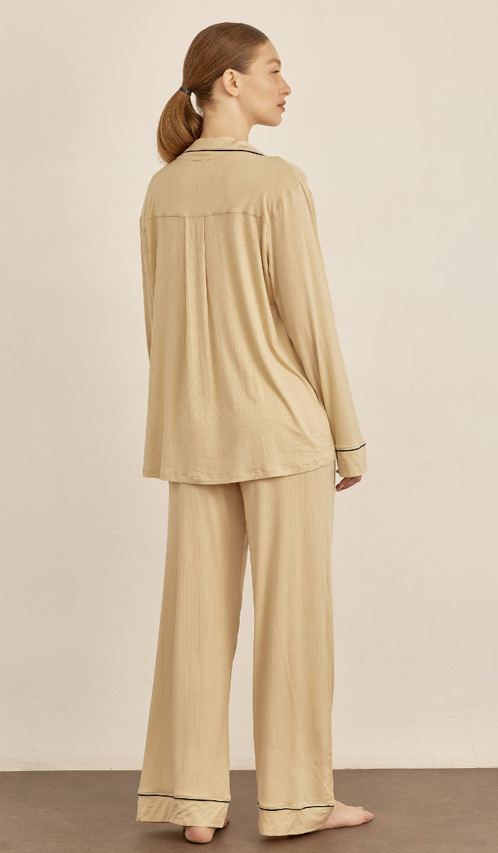 BUTTER SOFT RIB - Sand button up & lounge pants set