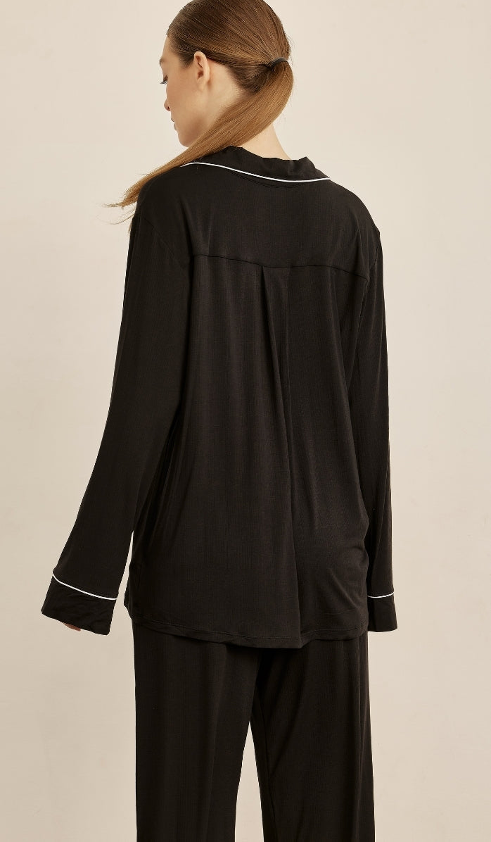 BUTTER SOFT RIB - Black button up & lounge pants set