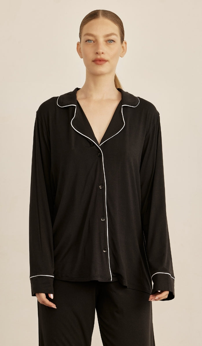 BUTTER SOFT RIB - Black button up & lounge pants set