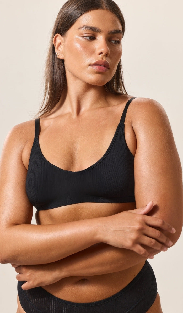 Refined Basic V-Neck Bra - Rib Modal Black