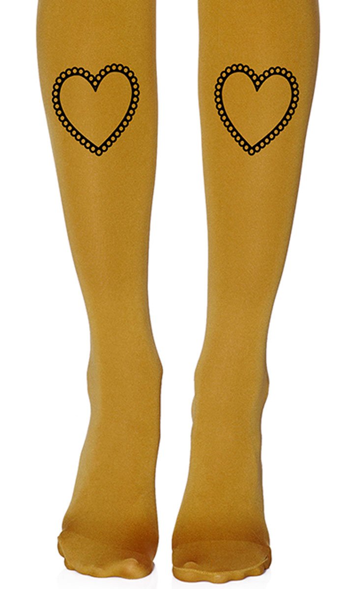 tights  mustard with print heart black