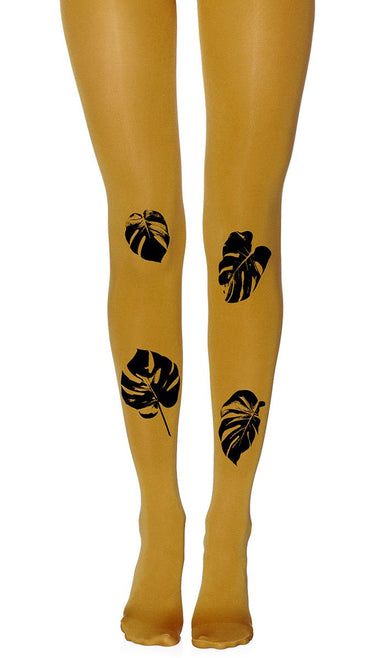 tights mustard opaque with print black leaves 