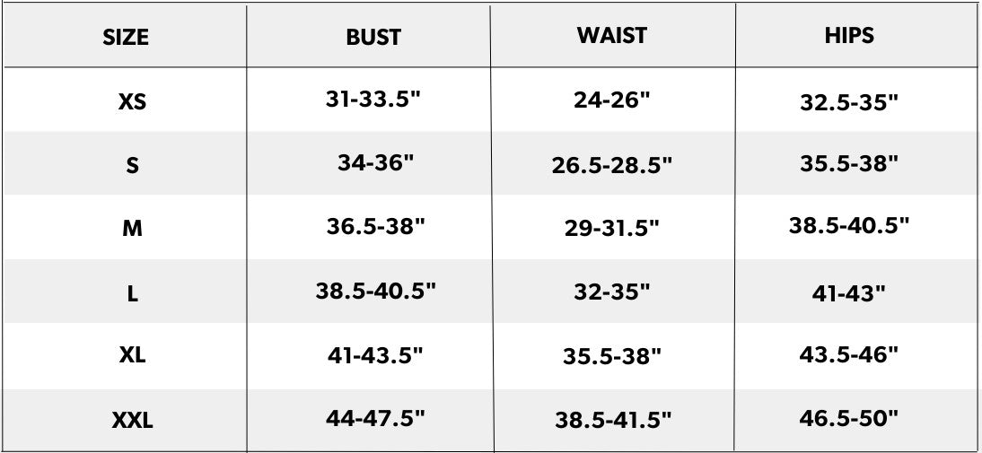 Whitney One Piece - Black — size chart cm