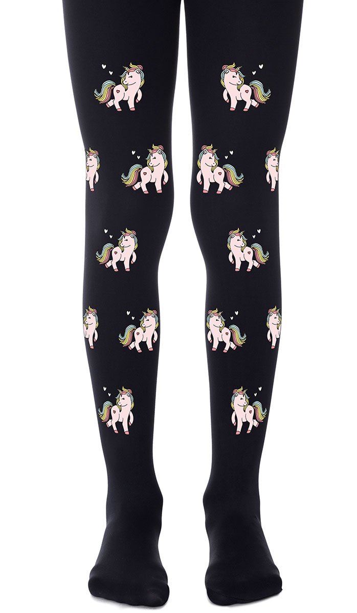 tights girls' black with print colorful unicorns