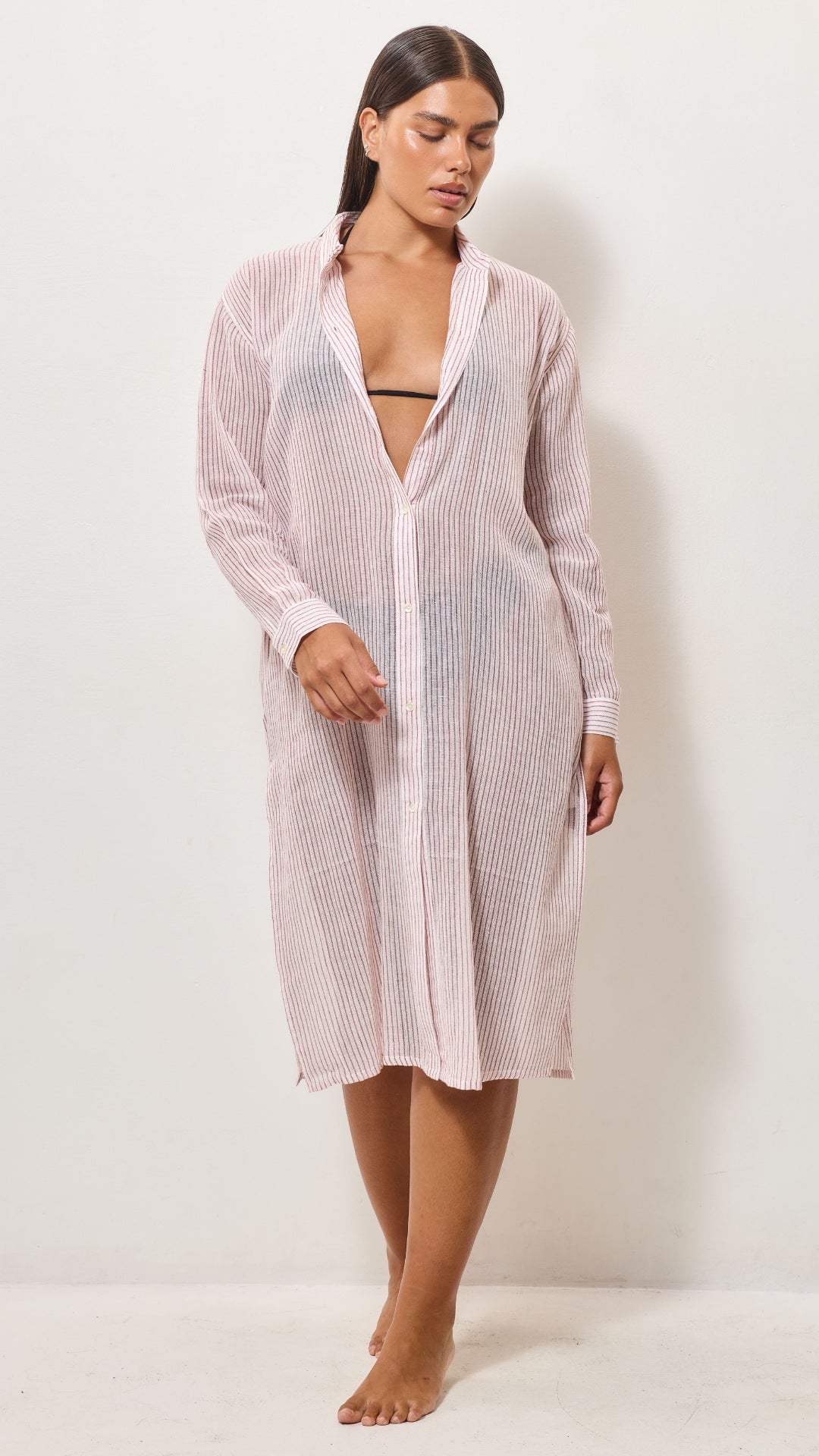 Airy Cotton Shirt Dress - Red