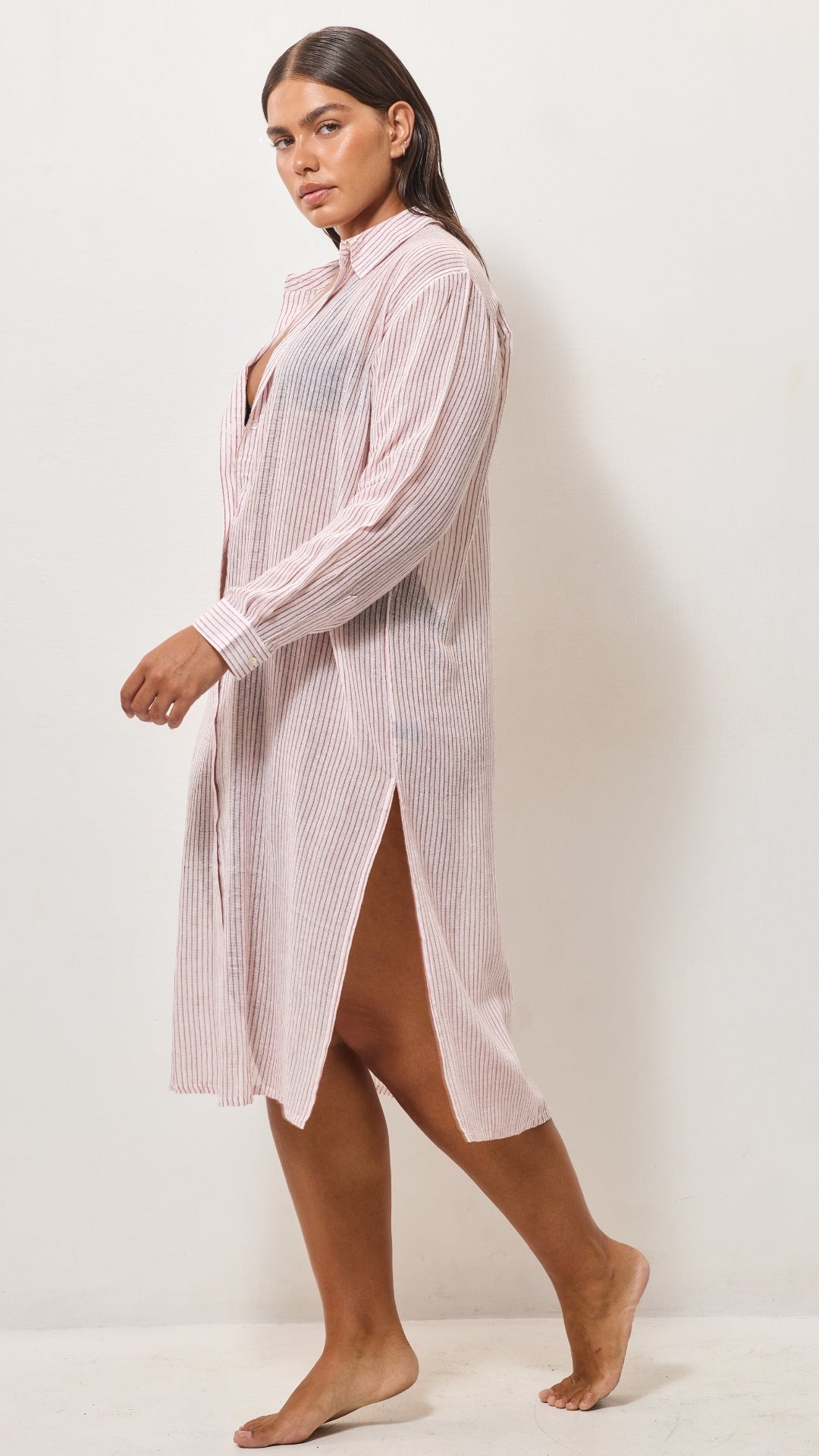 Airy Cotton Shirt Dress - Red