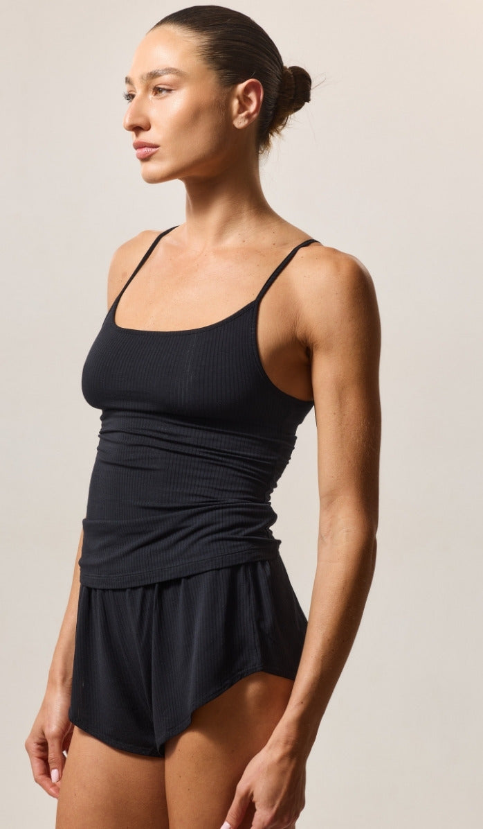 Spaghetti Strap Tank with Built-In Support - Rib Modal Black