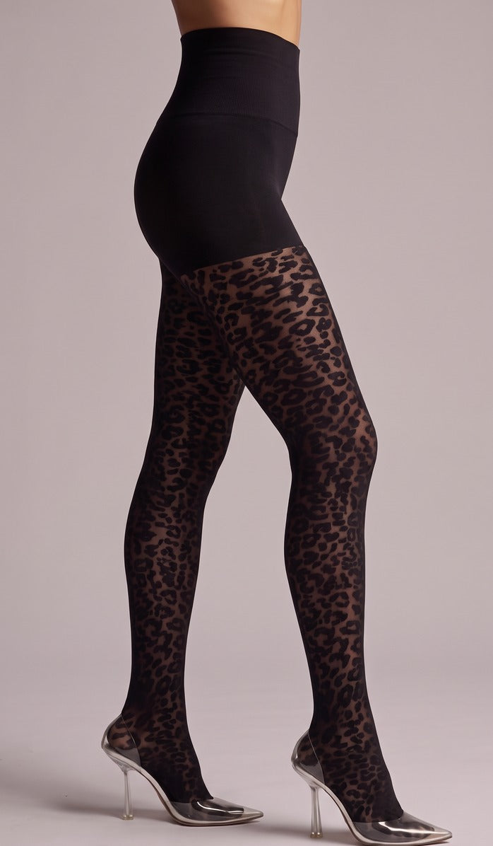 20 Denier Leopard Elastic Waist Tights - Black