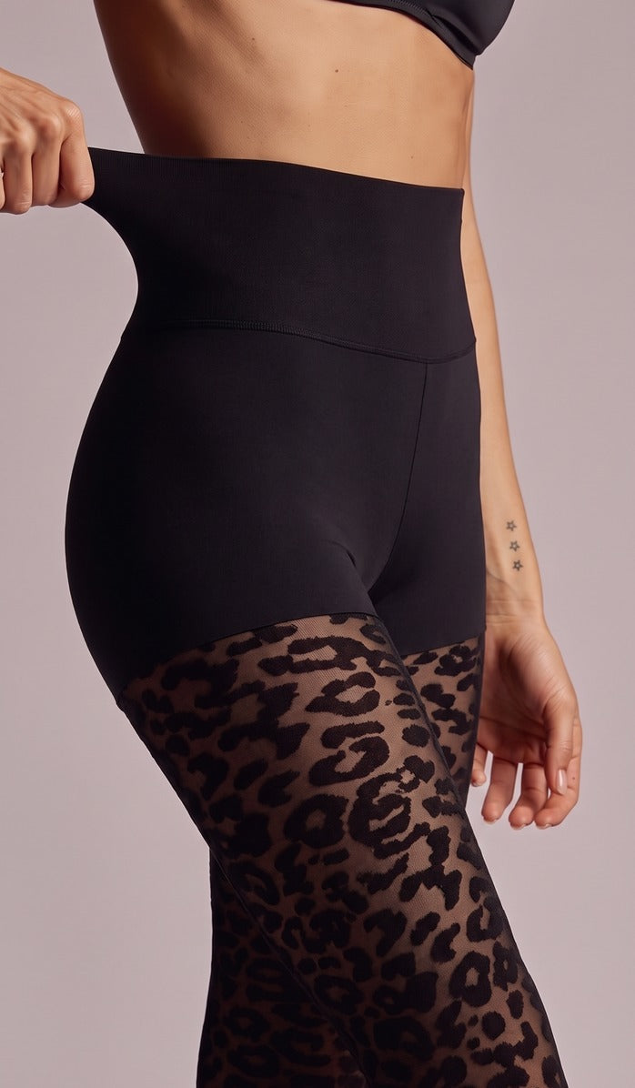 20 Denier Leopard Elastic Waist Tights - Black