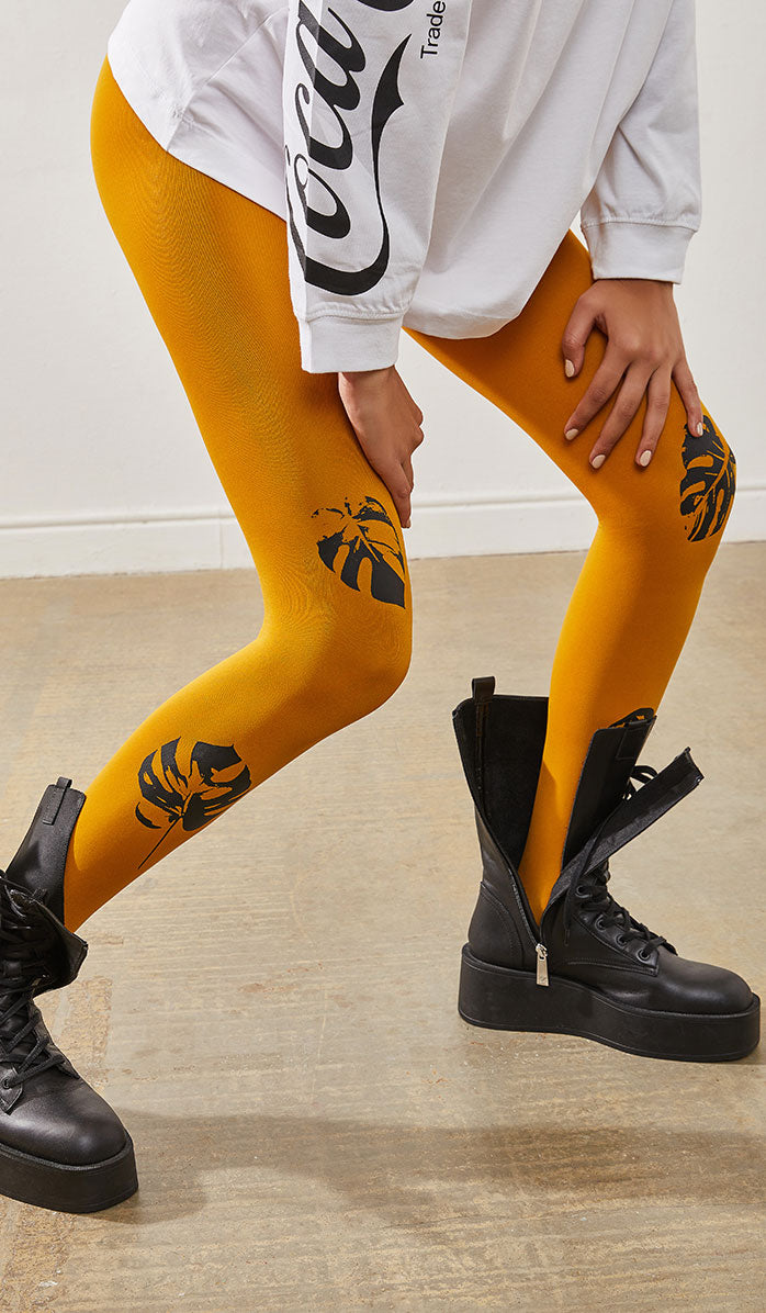 Women's Opaque Printed Tights - Autumn Wind Mustard - Lifestyle
