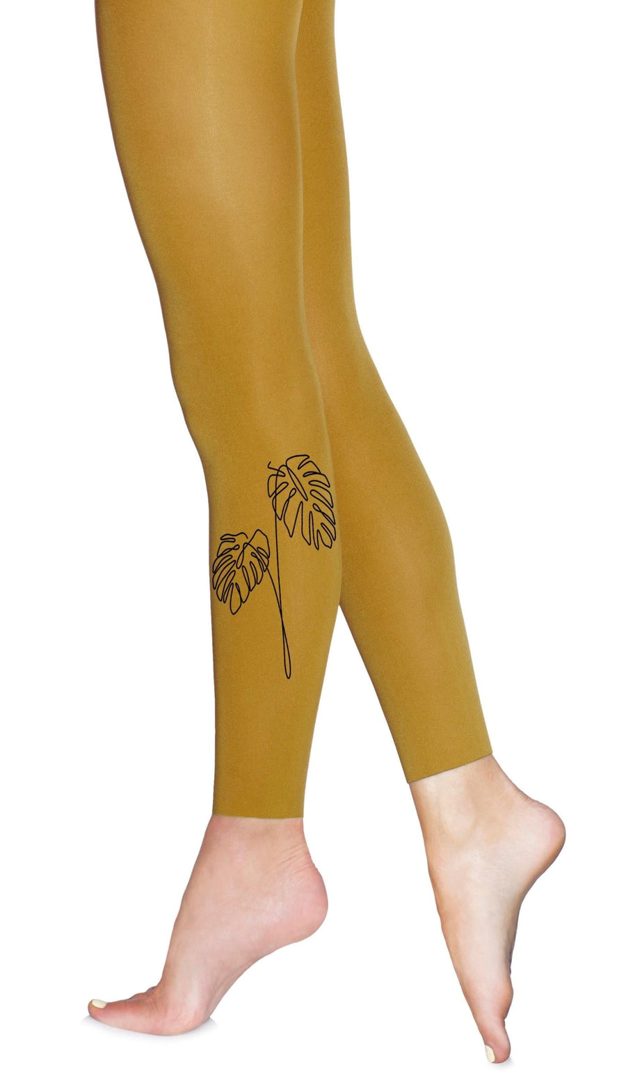 גרביון בצבע חרדל ללא כף רגל עם הדפס עלים