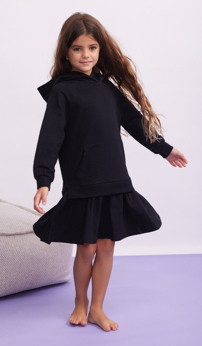 HOODIE FOOTER DRESS WITH DEMI SKIRT - Black