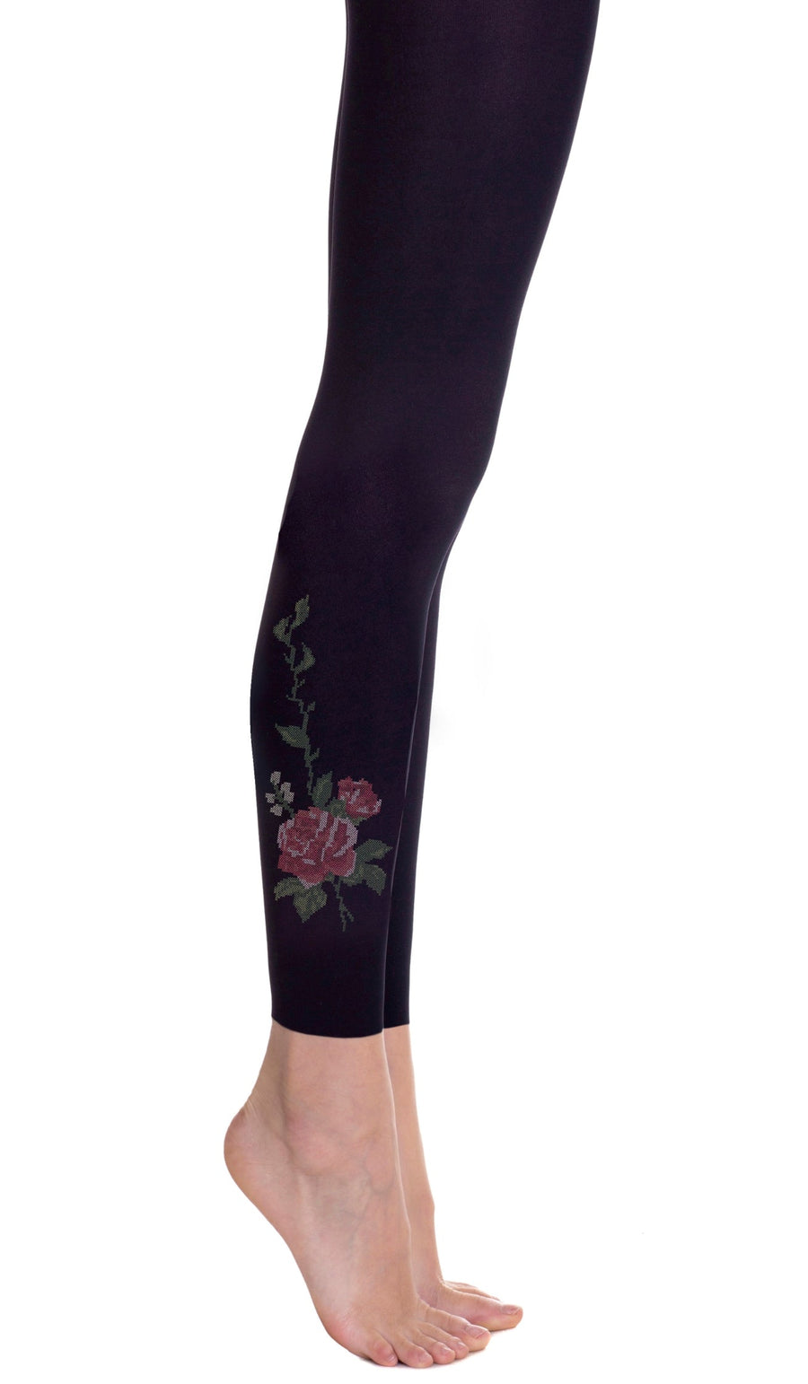 גרביון בצבע שחור ללא כף רגל עם הדפס פרח רקום