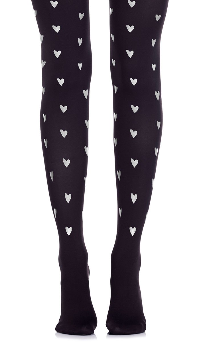 women black tights with all over silver hearts print