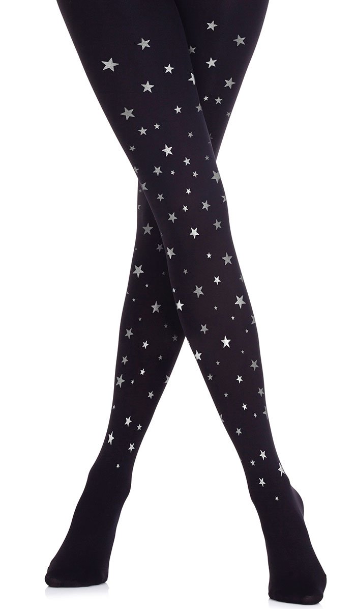 Silver Stars on White Printed Footed Tights