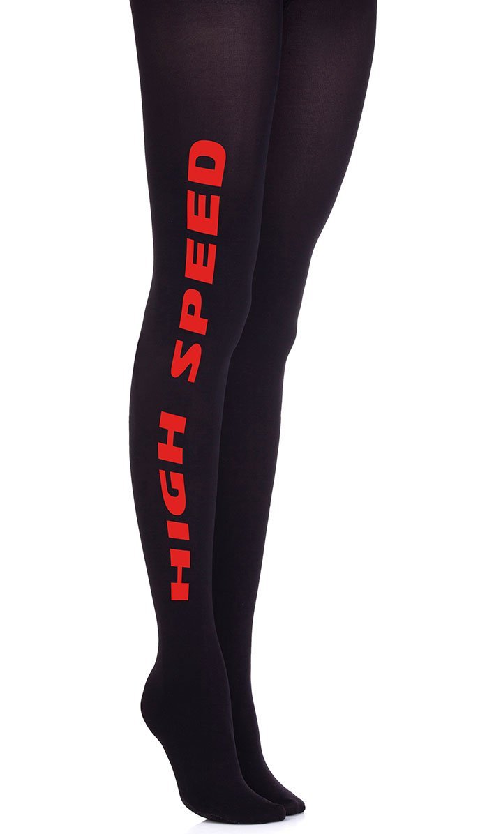 women black tights with red text print