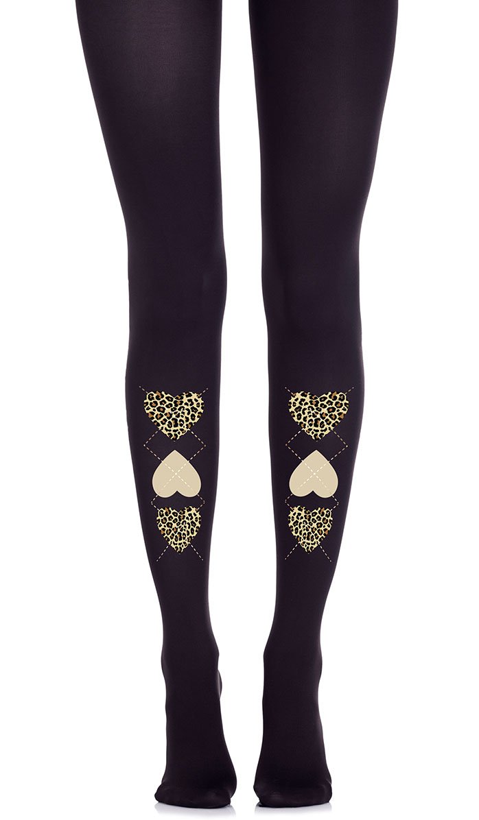 women black tights with 3 leopard hearts print