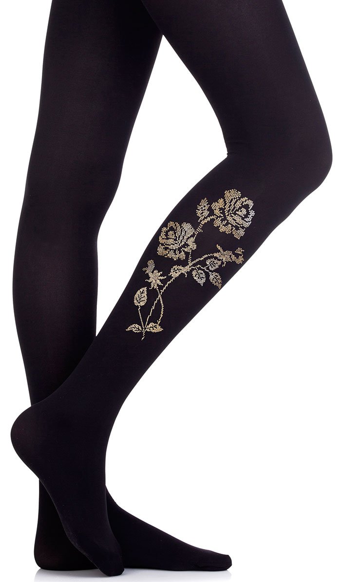 black tights for women with golden flowers print